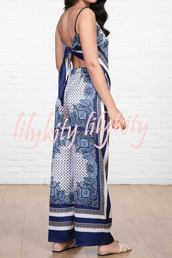 Unique Printed Sling Backless Strappy Top and Elastic Waisted Loose Pants Set