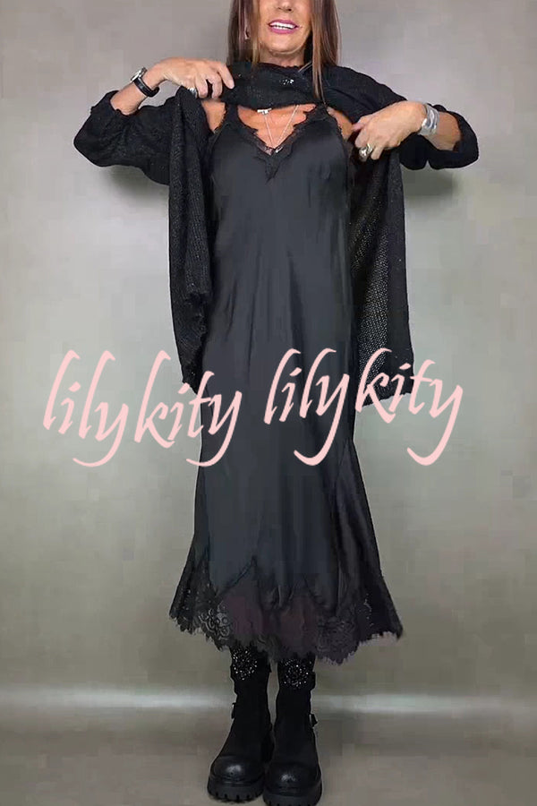 Fashionable V-neck Suspender Lace Splicing Casual Midi Dress
