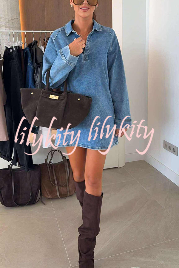 Fashion Lapel Long Sleeve Loose Denim Mini Dress