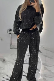 Stylish Shiny Long-sleeved Crew Neck Loose Top and Elastic Waist Drawstring Wide Leg Pants Set