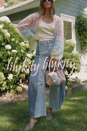 Palette Day Knit Color Blocks Open Front Balloon Sleeve Loose Cardigan