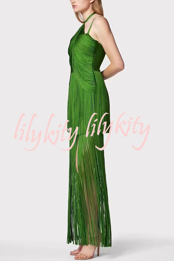 Sexy Halterneck Open Back Elegant Tassel Slim Maxi Dress