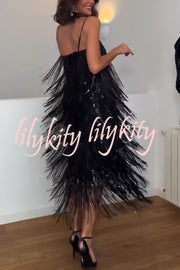 Chic Celebration Layered Sequined Tassels Slip Strapless H-line Midi Dress