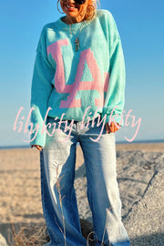 Letter Pattern Crew Neck Long Sleeve Loose Knit Sweater