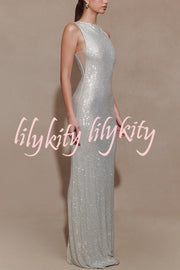 Holiday Nights Sequin Boat Neck Sleeveless Slit Maxi Dress