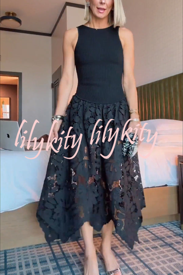Atlas Asymmetric Ribbed-knit and Guipure Lace Back Zipper Midi Dress