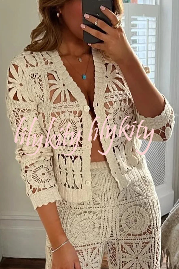 Summer Vacation Style Hollow Long-sleeved Knitted Cardigan Top