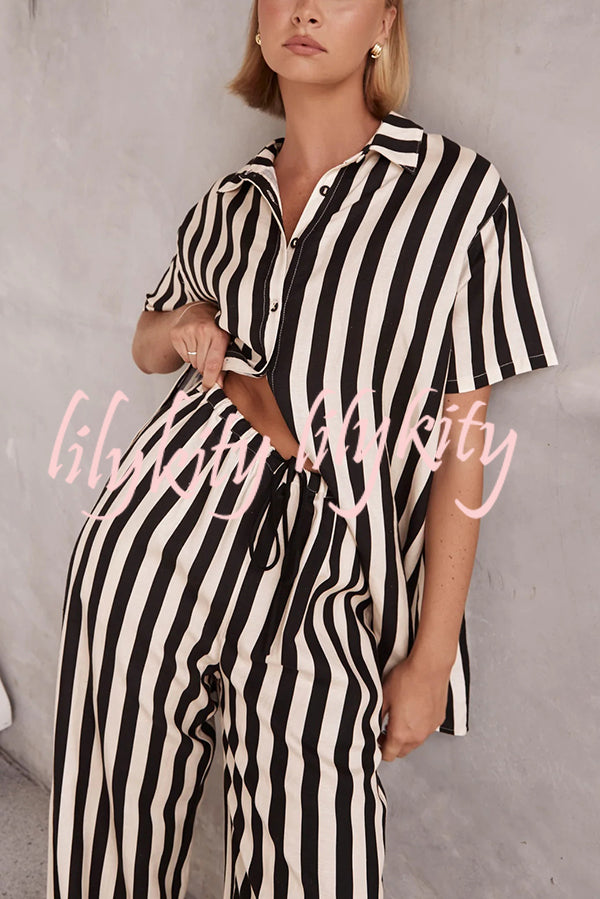 Erika Striped Casual Shirt and Elastic Waist Pocket Wide Leg Pants Set