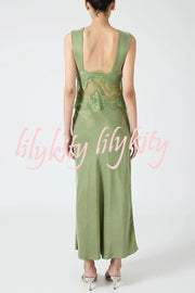 Wonderful Fusion Satin Lace Trim See-through Waist V-neck Drape Maxi Dress