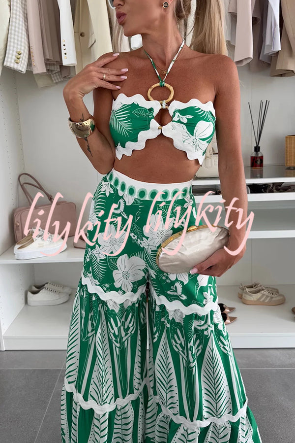 Cassie Ric Rac Trims Unique Print Halter Ring Tank and High Rise Wide Leg Pants Set