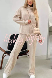 Solid Color Casual Knitted High Neck Long Sleeve Top and Elastic Waist Loose Pants Set