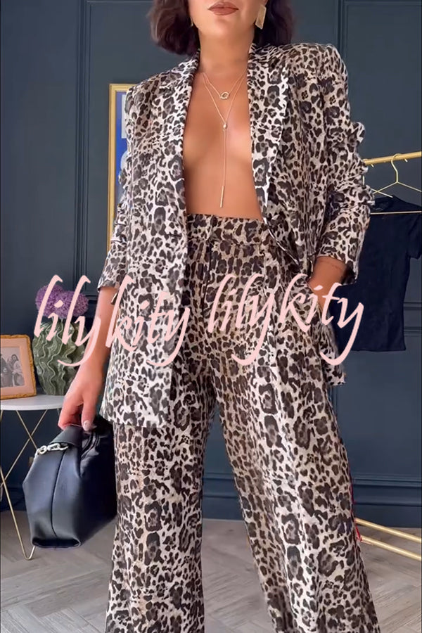 Wild Lifestyle Leopard Print Lapel Blazer and Elastic Waist Pocketed Wide Leg Pants Set