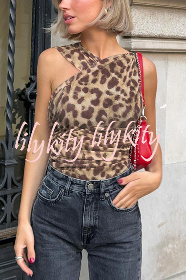Leopard Print Asymmetric Mesh Pleated Slim-fit Rompers