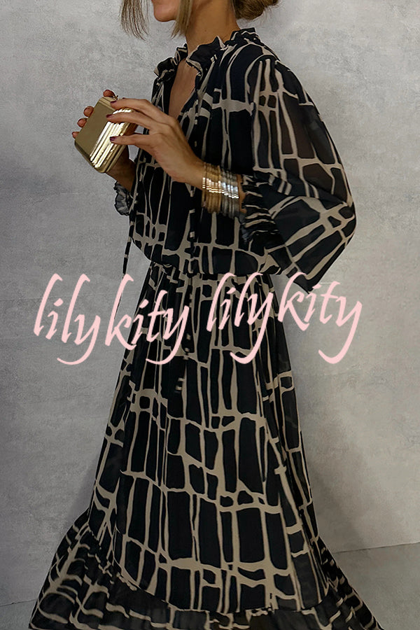 Unique Printed V-neck Tie-up Waist Long-sleeve Maxi Dress