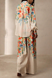 Floral Print Lapel Long Sleeve Shirt and Elastic Waist Pocket Casual Wide Leg Pants Set