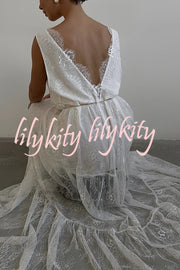 Fashionable Sheer Lace V-neck Backless Elegant Maxi Dress