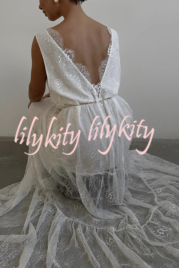 Fashionable Sheer Lace V-neck Backless Elegant Maxi Dress