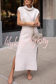 Solid Color Sleeveless Knitted Elegant Waist Midi Dress