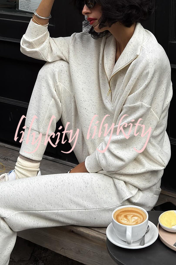 Everyday Neutrals Half-zip Neck Sweatshirt and Elastic Waist Pocketed Loose Jogger Set