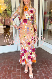 Dignified and Refined Charm Embroidered Floral Applique Long Sleeve Fish Tail Midi Dress