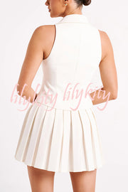 Sexy V-neck Sleeveless Vest and Pleated Mini Skirt Set