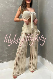 Riley Knit Front Knotted Bandeau and Stretch Hollow Out Wide Leg Pants Set