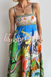 Linen Blend Unique Print Suspenders Back Pleated Pocket Resort Style Maxi Dress