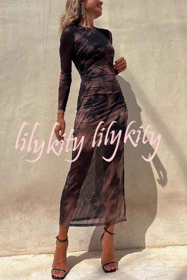 Charm Lady Mesh Overlay Tie Dye Print Long Sleeve Ruched Stretch Midi Dress