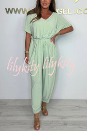 Solid Color V-neck Short-sleeved Waist-tied Loose Casual Jumpsuit
