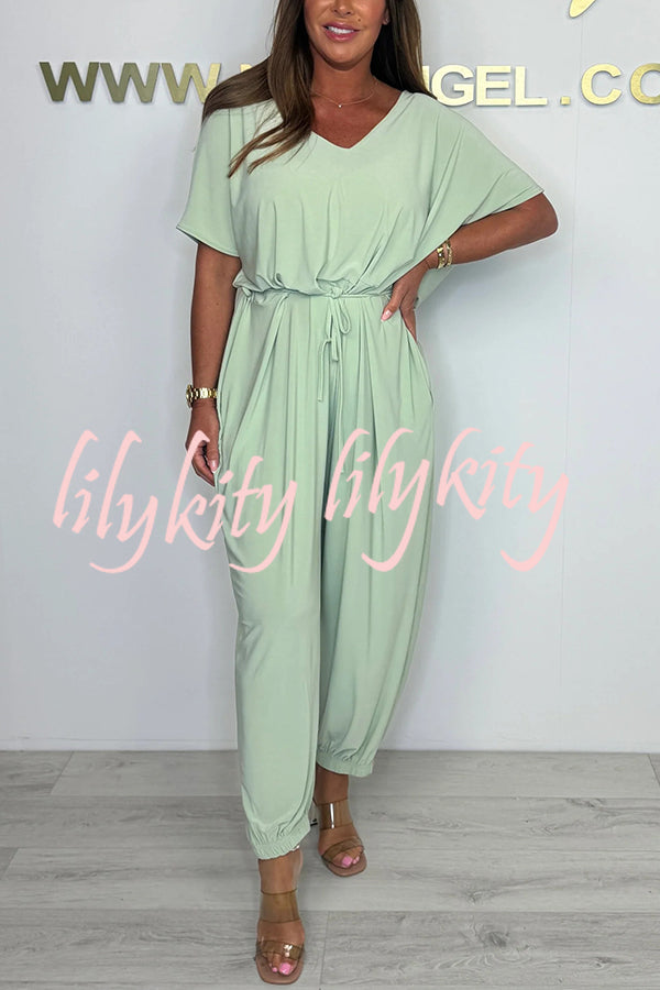 Solid Color V-neck Short-sleeved Waist-tied Loose Casual Jumpsuit