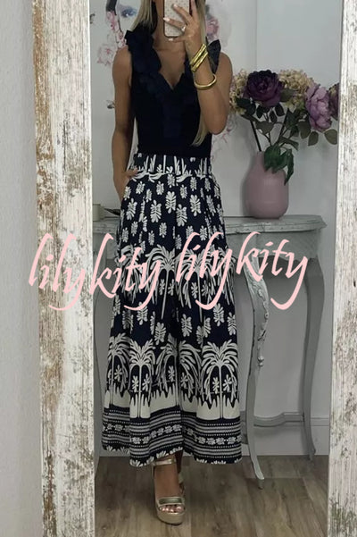 Unique Print Elastic Waist Loose Pocket Holiday Wide Leg Pants