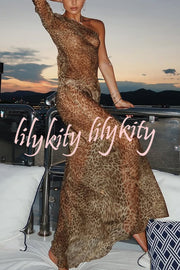 Leopard Print One Sleeve Sexy See-Through Fit Maxi Dress