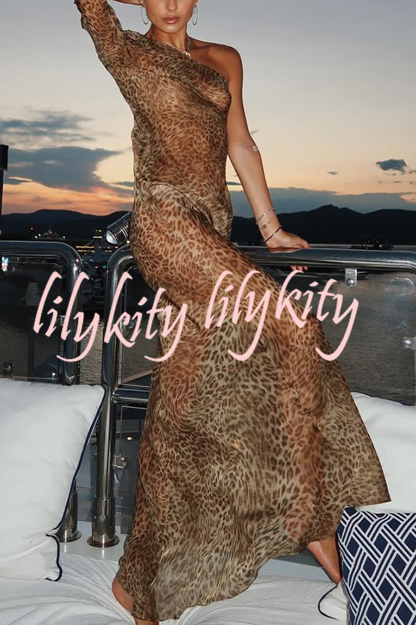 Leopard Print One Sleeve Sexy See-Through Fit Maxi Dress