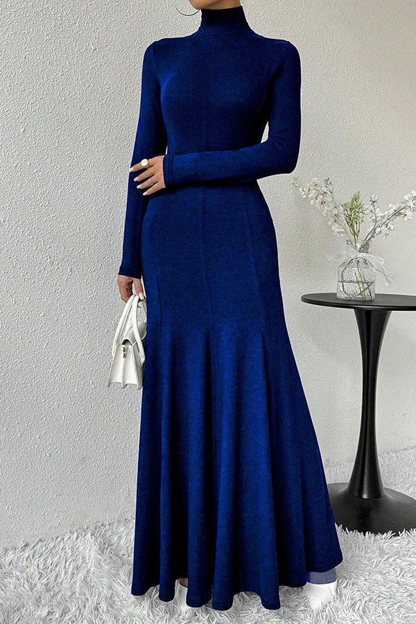 Solid Color High-neck Long-sleeved Slim-fit Fishtail Elegant Maxi Dress