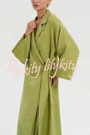 Linen Blend Solid Color Casual Lapel Tie Loose Maxi Dress