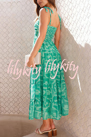 Unique Printed Suspender Tie Back Pleated Midi Dress