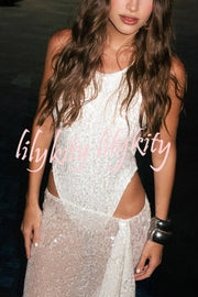 Fashion Sequin Sleeveless Fitted Rompers and Holiday Slit Maxi Skirt Set