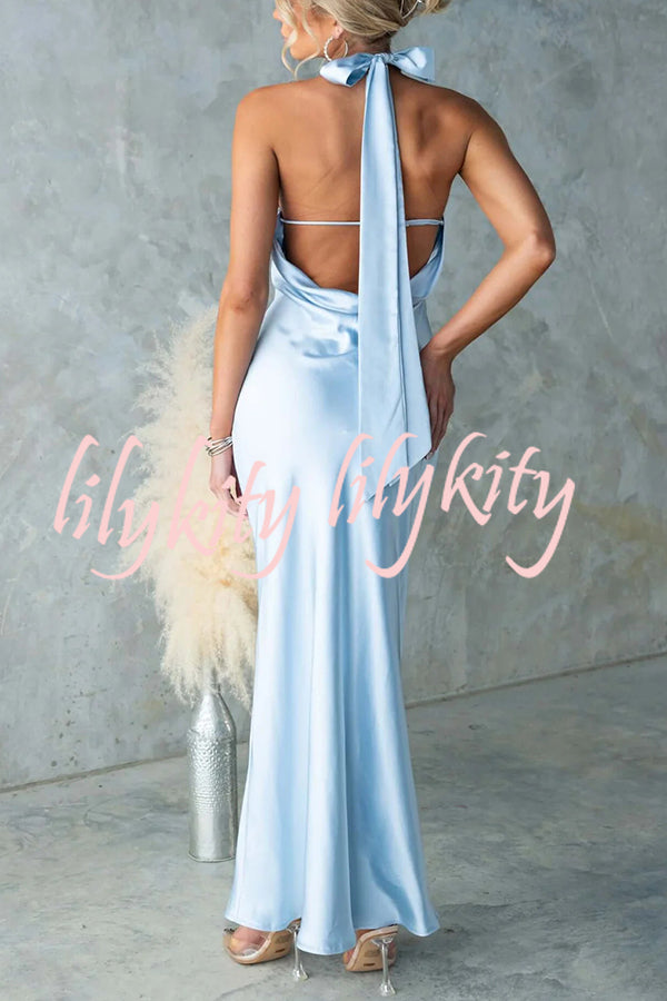 Satin Fashion Halter Backless Slim Elegant Maxi Dress