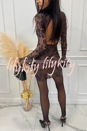 Deep and Dazzling Floral Texture Sequin Long Bell Sleeve Open Back Mini Dress