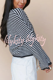 Fashionable Contrast Striped Casual Long-sleeved Knitted Cardigan