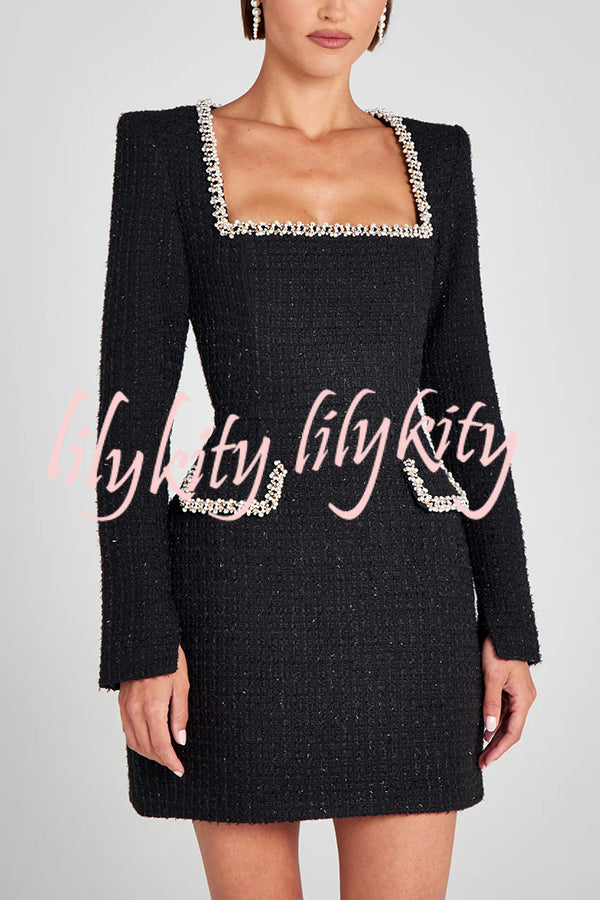 Girly and Glamorous Tweed Fabric Pearl Trim Long Slit Sleeve Pocketed Mini Dress