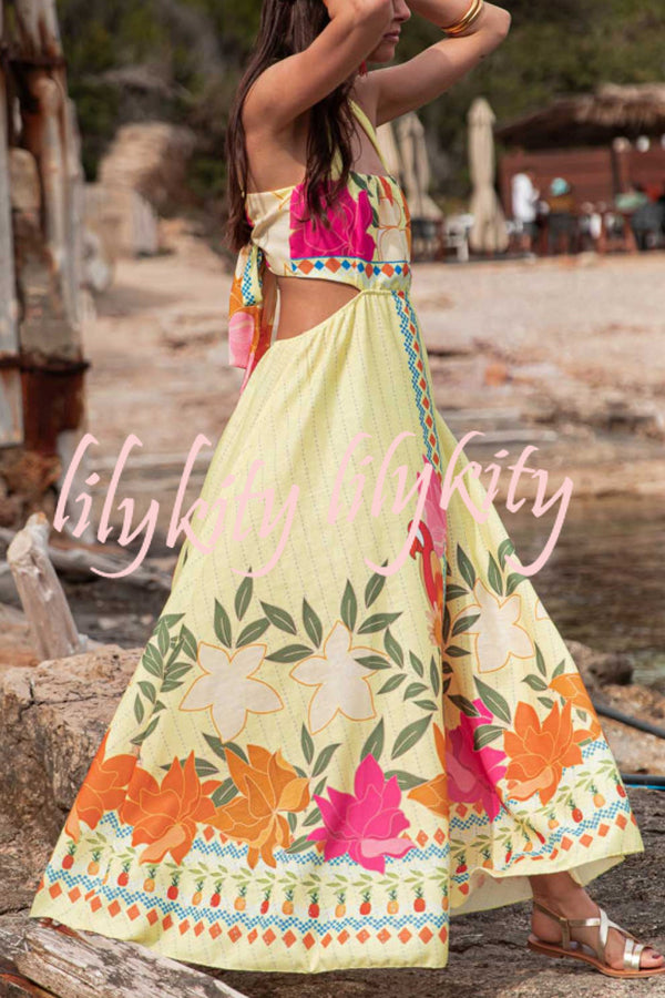 Resort Style Unique Print Sexy Square Neck Backless Waist Maxi Dress