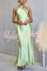Satin Fashion Halter Backless Slim Elegant Maxi Dress