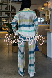 Lizbeth Satin Tie Dye Print Long Sleeve Shirt and Elastic Waist Pocketed Pants Set