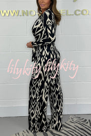 Fashion Leopard Print V-Neck Long Sleeve Lace-Up Casual Jumpsuit