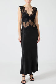 Wonderful Fusion Satin Lace Trim See-through Waist V-neck Drape Maxi Dress