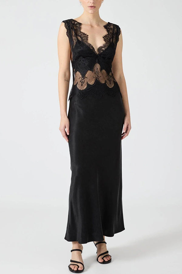 Wonderful Fusion Satin Lace Trim See-through Waist V-neck Drape Maxi Dress