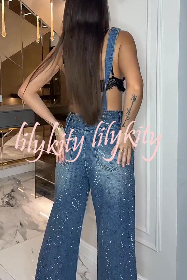 Fashionable Hot Diamond Casual Pocket Ripped Denim Overalls