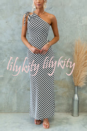 Stylish Striped Print One Shoulder Slope-neck Maxi Dress