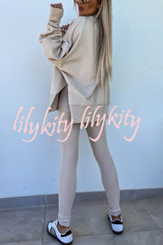 Solid Color Loose Long Sleeve SlitSweatshirt and Elastic Waist Tight Pants Set